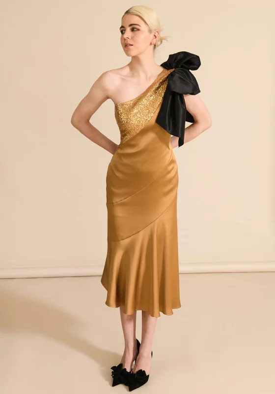 Sisters By Caroline Kilkenny Kennedy Sequin Satin Maxi Dress, Gold Stylish Off-Shoulder Maxi Dress Sisters By Caroline Kilkenny Kennedy Sequin Satin Maxi Dress, Gold Stylish Off-Shoulder Maxi Dress