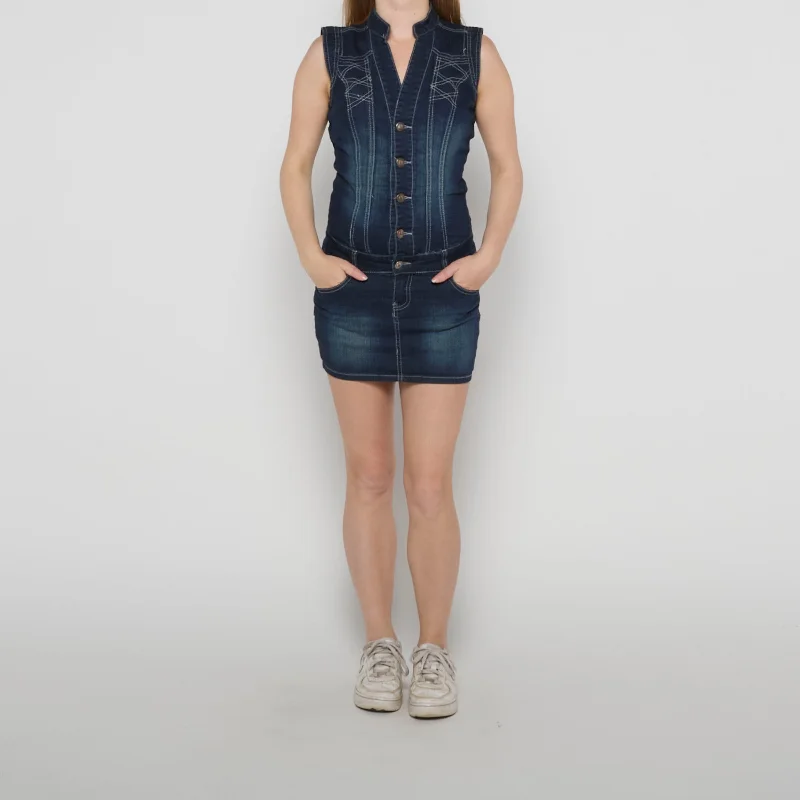 Sleeveless Denim Mini Dress - UK 6 Fashionable Mini Dress with Frills