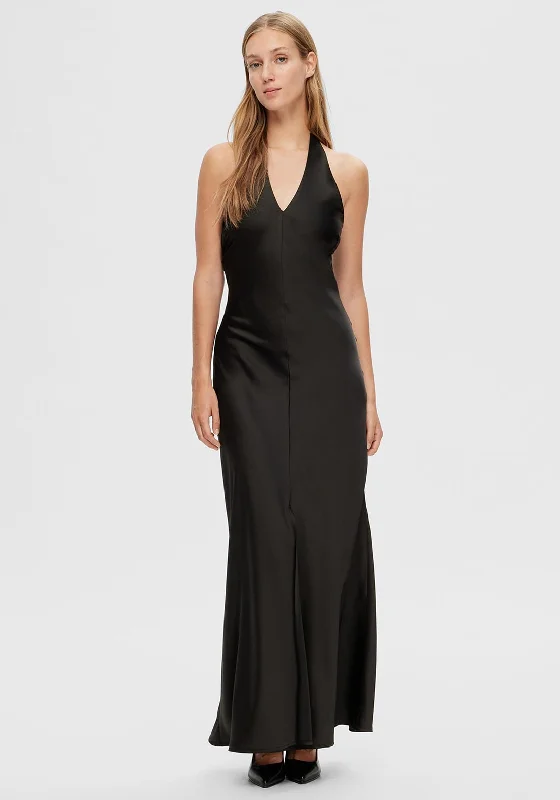 Selected Femme Renata Neck Holder Satin Maxi Dress, Black Stylish Off-Shoulder Maxi Dress Selected Femme Renata Neck Holder Satin Maxi Dress, Black Stylish Off-Shoulder Maxi Dress