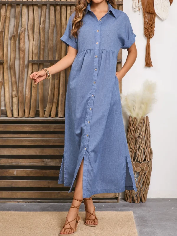 Blue Zone Planet |  Slit Collared Neck Short Sleeve Midi Dress Stylish Halter Neck Midi Dress