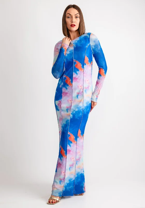 SOMETHINGNEW Kiara Watercolour Mesh Maxi Dress, Purple Heather Trendy Satin Maxi Dress SOMETHINGNEW Kiara Watercolour Mesh Maxi Dress, Purple Heather Trendy Satin Maxi Dress