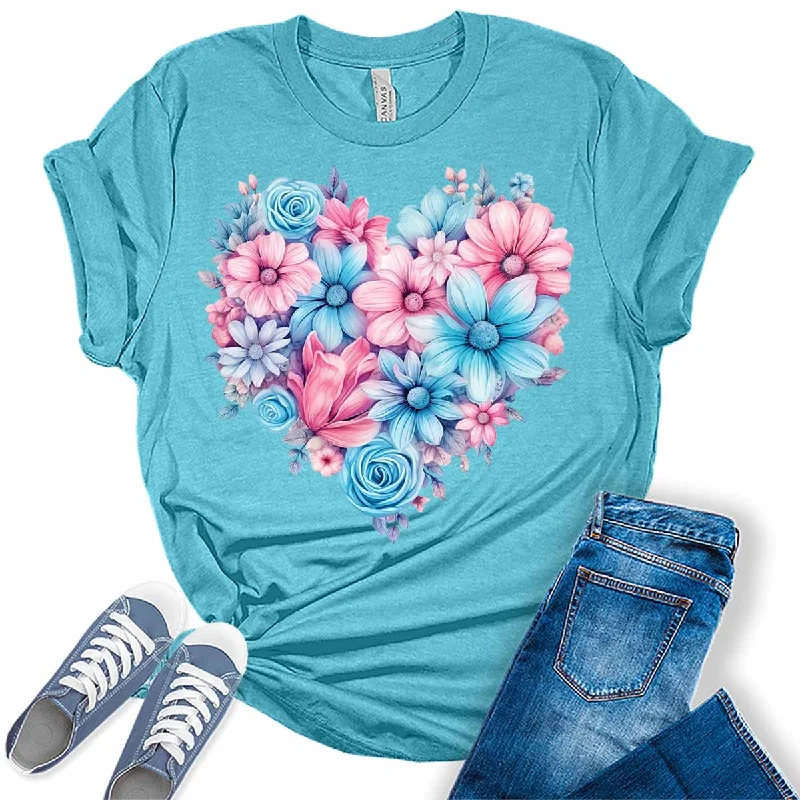 Spring Floral Blue and Pink Summer Flowers Womens Graphic Tees Iron Safe Non-Iron Wrinkle Free