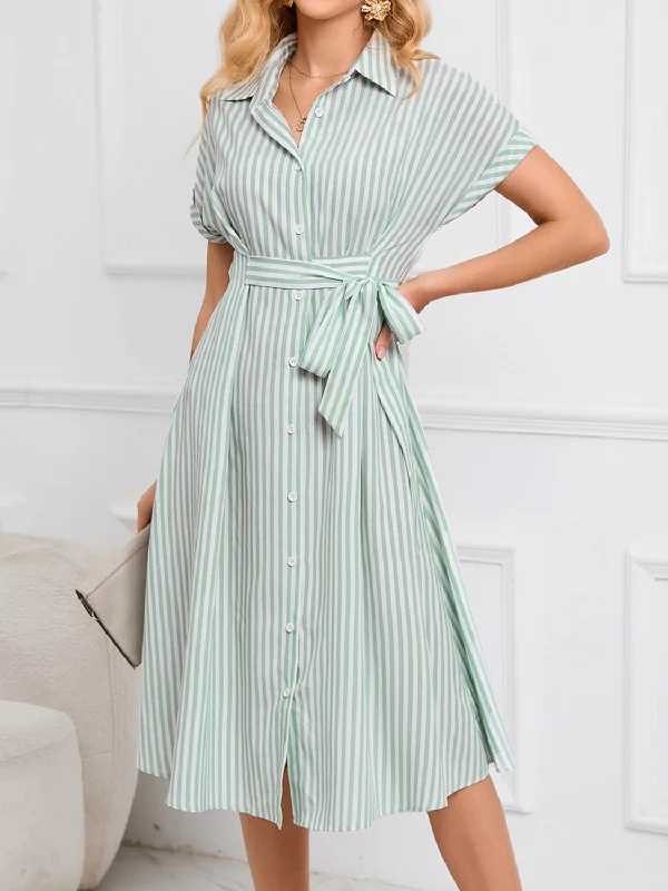 Striped Short Sleeve Tie Waist Midi Dress Fashionable A-Line Midi Dress