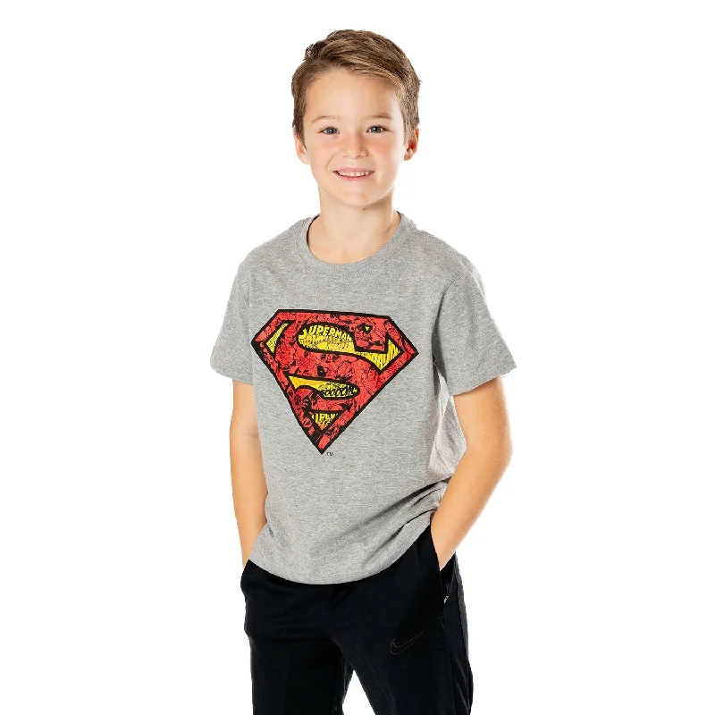 Superman Kids Grey Comic Strip Logo T-Shirt Beaded Sequined Faux Fur