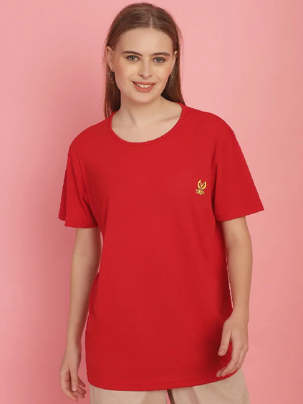Vimal Jonney Round Neck Cotton Solid Red T-Shirt for Women Real Fur Shearling Chenille Vimal Jonney Round Neck Cotton Solid Red T-Shirt for Women Real Fur Shearling Chenille