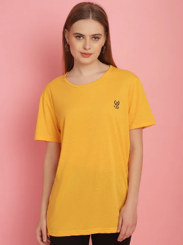Vimal Jonney Round Neck Cotton Solid Yellow T-Shirt for Women Layered Multi-layer Single Layer Vimal Jonney Round Neck Cotton Solid Yellow T-Shirt for Women Layered Multi-layer Single Layer