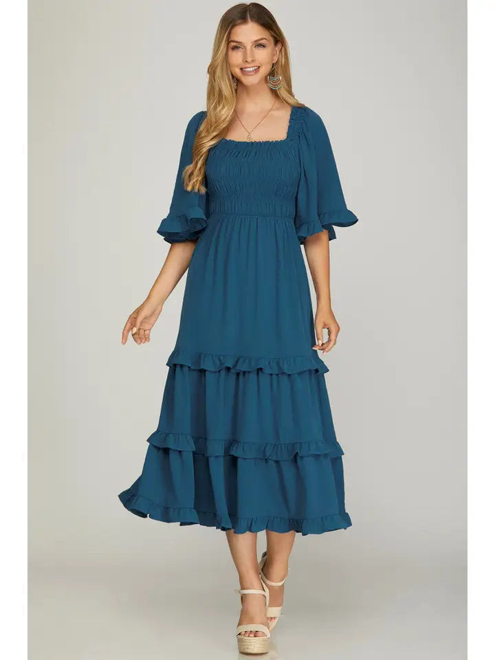 Teal Bell Sleeve Square Neck Smocked Tiered Midi Dress Trendy Boho Midi Dress