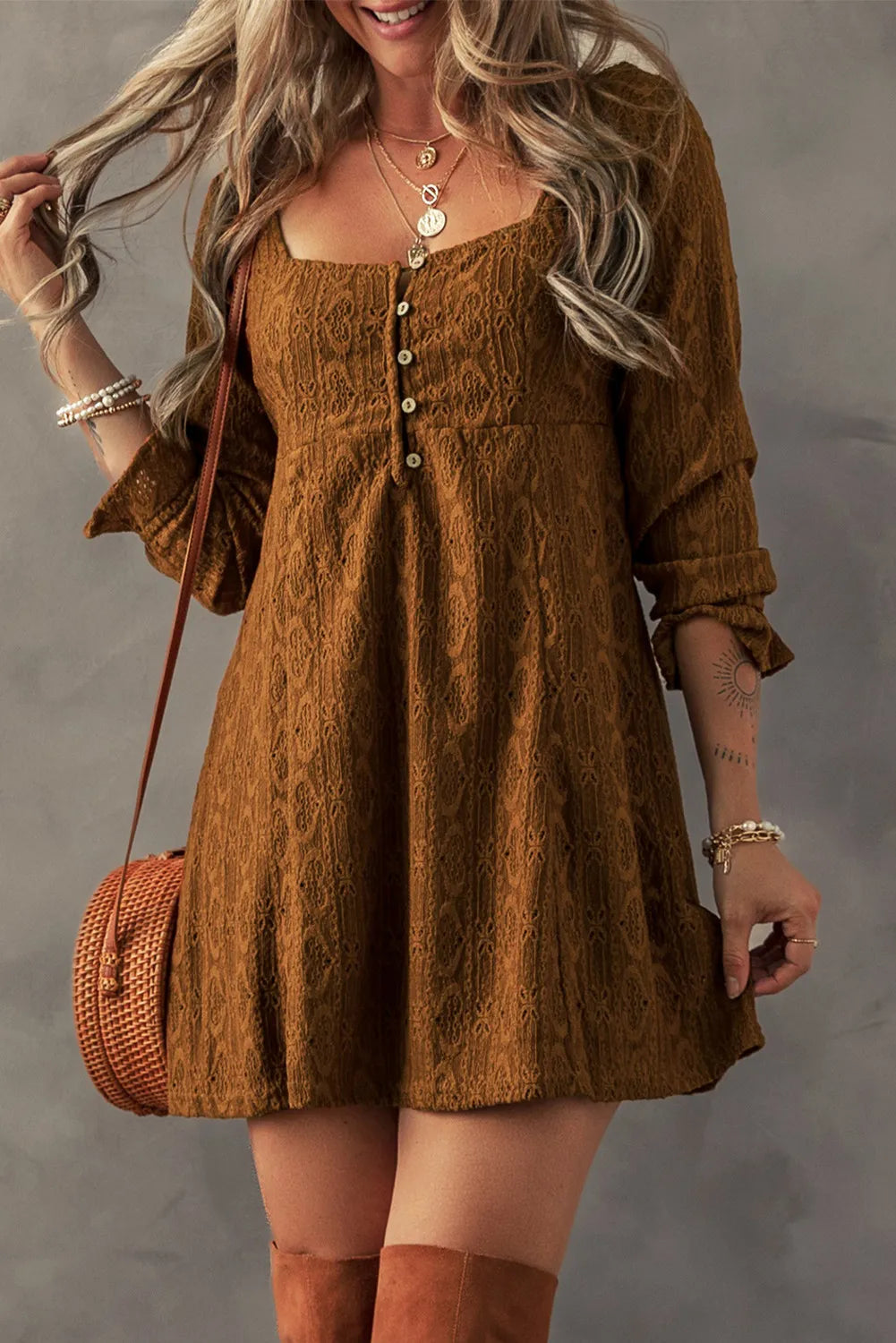 Textured Square Neck Mini Dress Chic Bohemian Mini Dress