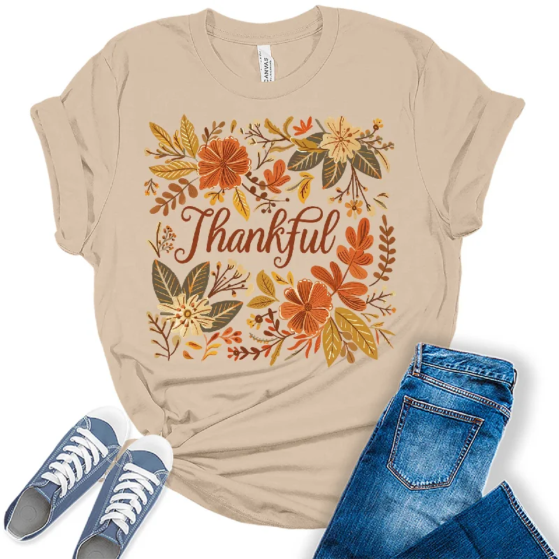 Thankful Floral Fall Graphic Tees for Women Welt Pockets Slit Pockets Flap Pockets