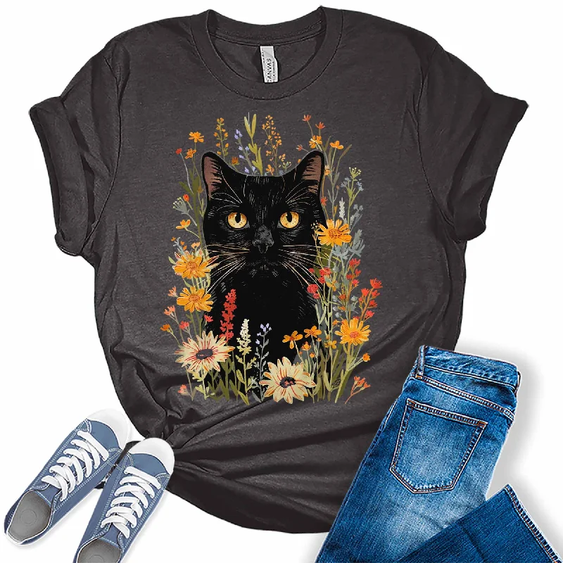 Trendy Black Cat Wildflowers Graphic Tees for Women Hooded Caped Shawl Collar