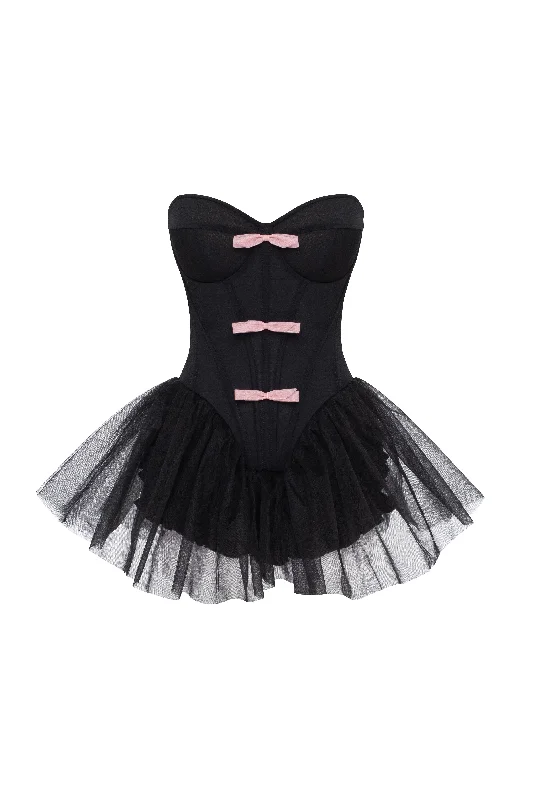 Tutu black mini dress with cute pink bows Elegant Lace-Up Mini Dress