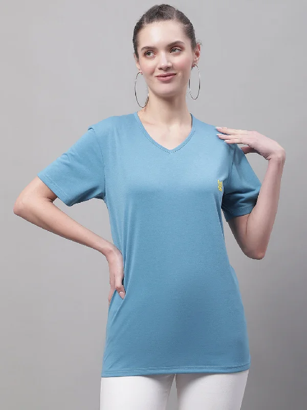 Vimal Jonney V Neck Cotton Solid Blue T-Shirt for Women Collared Crew Neck Turtle Neck Vimal Jonney V Neck Cotton Solid Blue T-Shirt for Women Collared Crew Neck Turtle Neck