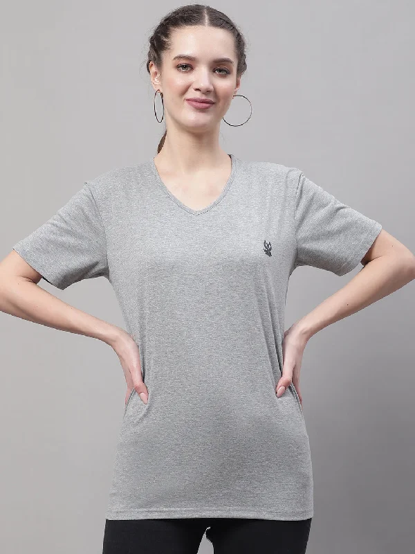 Vimal Jonney V Neck Cotton Solid Grey Melange T-Shirt for Women Polka Dot Checkered Tartan Vimal Jonney V Neck Cotton Solid Grey Melange T-Shirt for Women Polka Dot Checkered Tartan