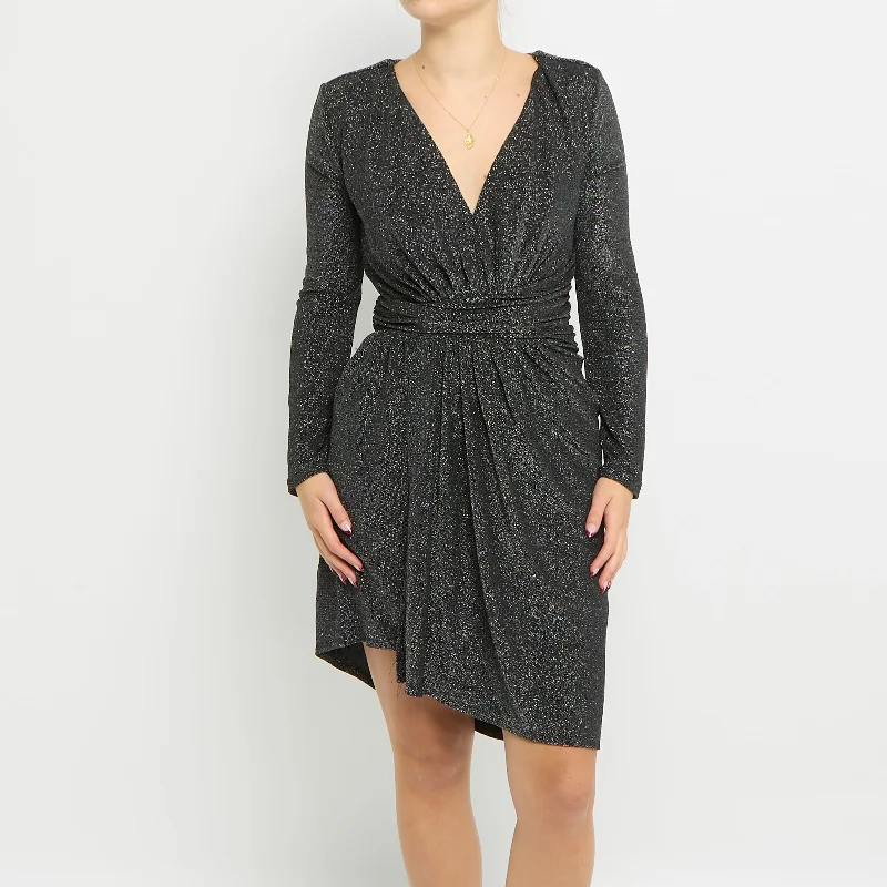 V-Neck Gathered Sparkly Midi Dress - UK 10 Comfortable Wrap Midi Dress