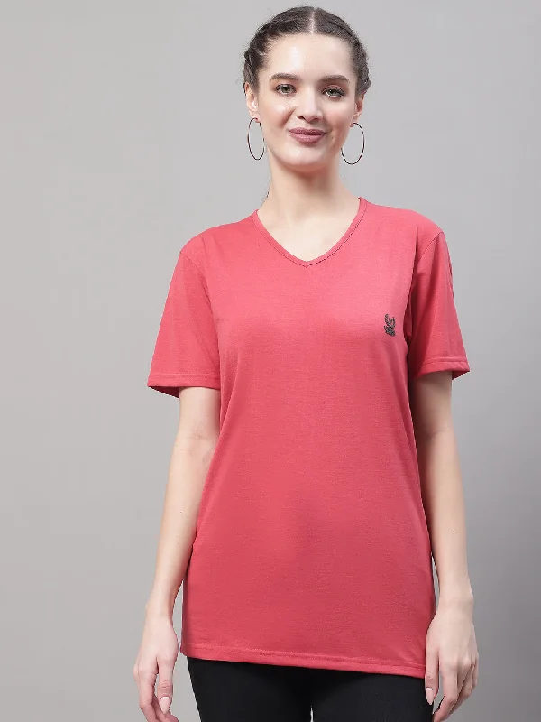 Vimal Jonney V Neck Cotton Solid Pink T-Shirt for Women Ribbed T-Shirt High Neck Heavyweight Vimal Jonney V Neck Cotton Solid Pink T-Shirt for Women Ribbed T-Shirt High Neck Heavyweight