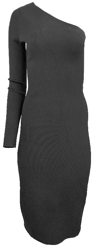 VB Body by Victoria Beckham One Sleeve Fitted Midi Dress in Black Trendy Ruffled Sleeve Midi Dress