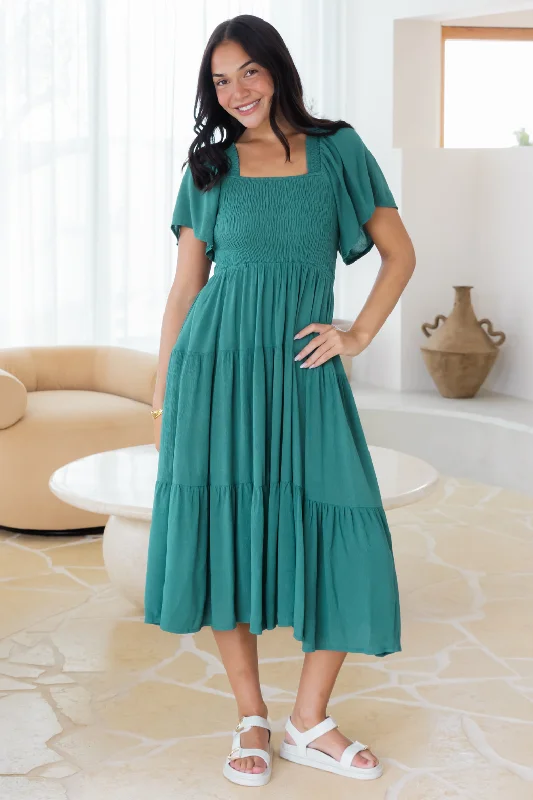 Willow Shirred Midi Dress Spruced Up Green Stylish Striped Midi Dress