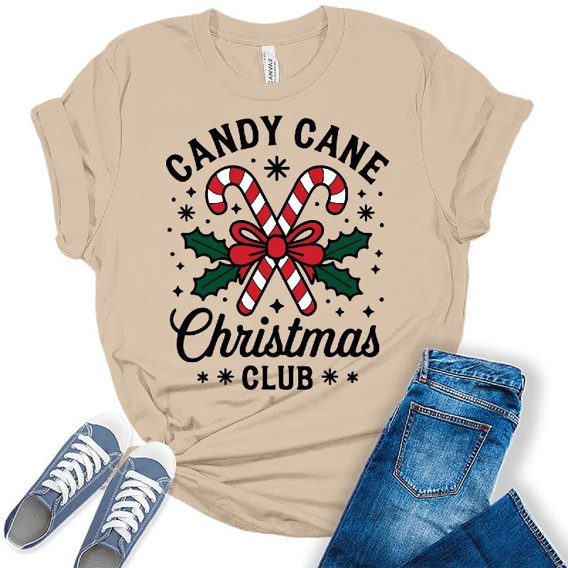 Women's Candy Cane Christmas Club Graphic Tees Elasticated Padded Insulated