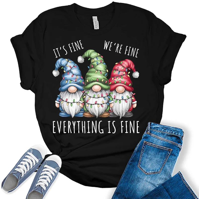 Women's I'm Fine We're Fine Everything Is Fine Christmas Gnomes Graphic Tees Denim Fabric Leather Fabric Suede Fabric