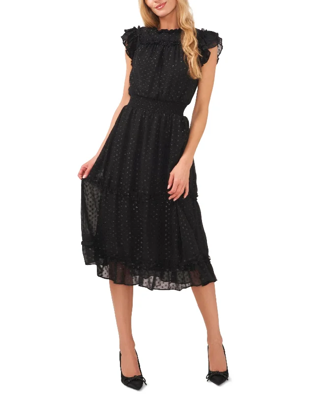 Women's Lurex Clip Dot Midi Dress Trendy Smocked Waist Midi Dress