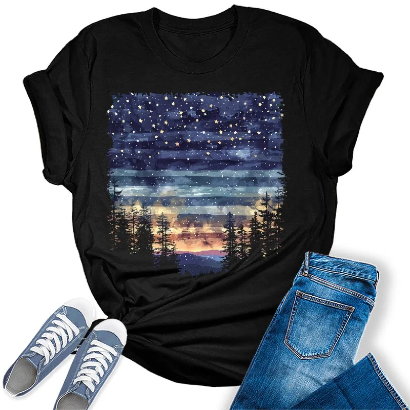 Women's Northern Lights Night Forest Camping Graphic Tees Embroidered Appliqued Beaded