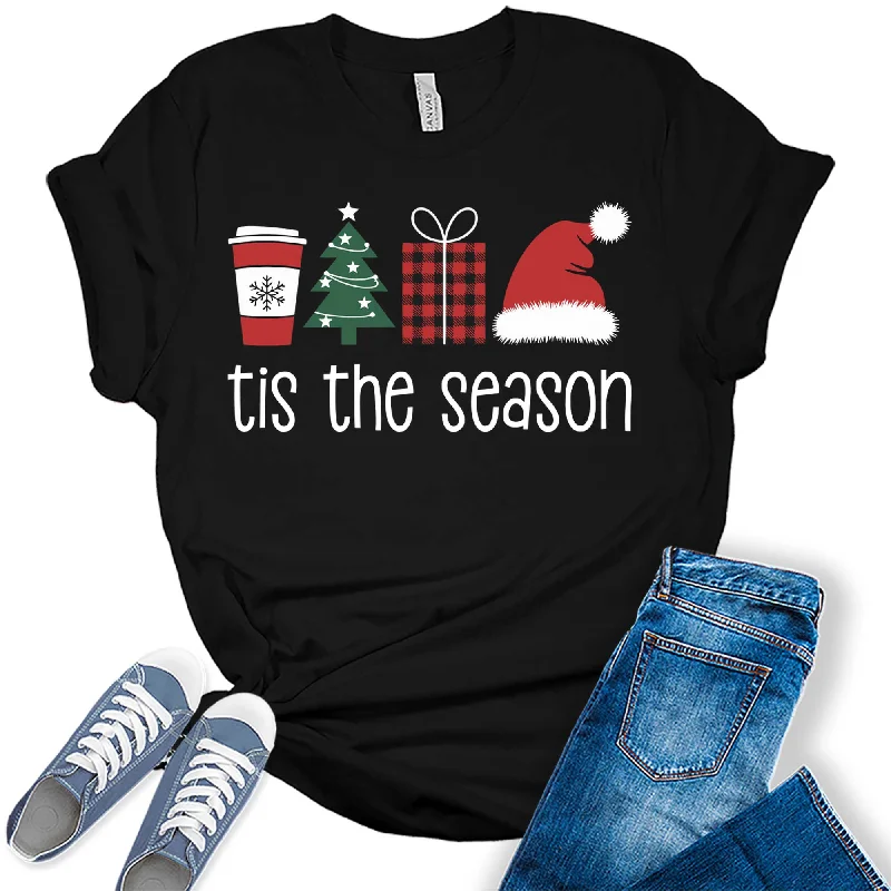 Women's Tis The Season Christmas Tree Trendy Holiday Graphic Tees Welt Pockets Slit Pockets