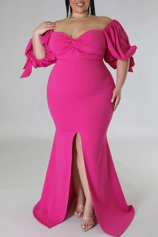 Bow Tie Puff Sleeve Plus Size High Slit Maxi Dress Fashionable Asymmetrical Maxi Dress Bow Tie Puff Sleeve Plus Size High Slit Maxi Dress Fashionable Asymmetrical Maxi Dress