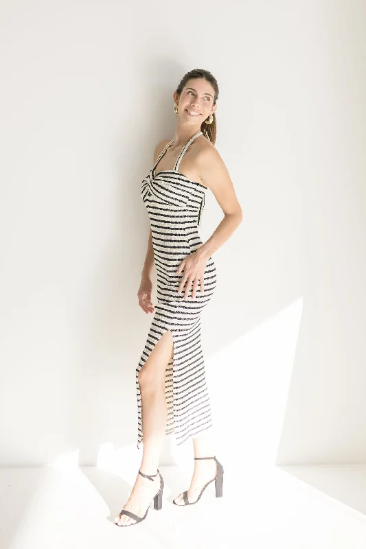 Brooke Sleeveless Halter Tie Stripe Print Knit Maxi Dress Black Fashionable Open-Back Maxi Dress Brooke Sleeveless Halter Tie Stripe Print Knit Maxi Dress Black Fashionable Open-Back Maxi Dress