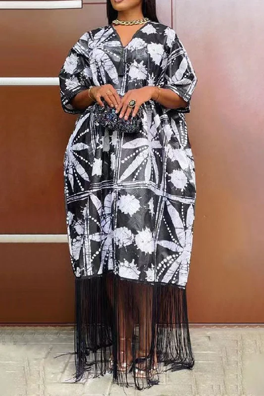 Floral Print Laid Back Tassel Hem Maxi Dress Chic Sleeveless Maxi Dress