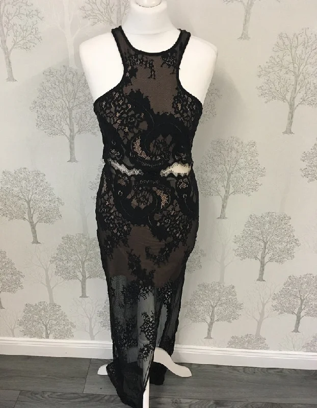 Jordyn Black Lace Racer Back Maxi Dress Stylish Maxi Dress with Frills