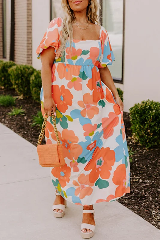 Orange Plus Size Flower Print Shirred Square Neck Maxi Dress Cozy Open-Back Maxi Dress Orange Plus Size Flower Print Shirred Square Neck Maxi Dress Cozy Open-Back Maxi Dress