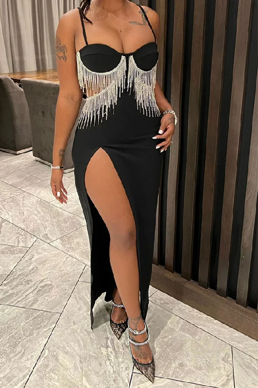 Patchwork Rhinestone Tassel Cutout Glamorous High Split Maxi Dress Comfortable Fitted Maxi Dress Patchwork Rhinestone Tassel Cutout Glamorous High Split Maxi Dress Comfortable Fitted Maxi Dress