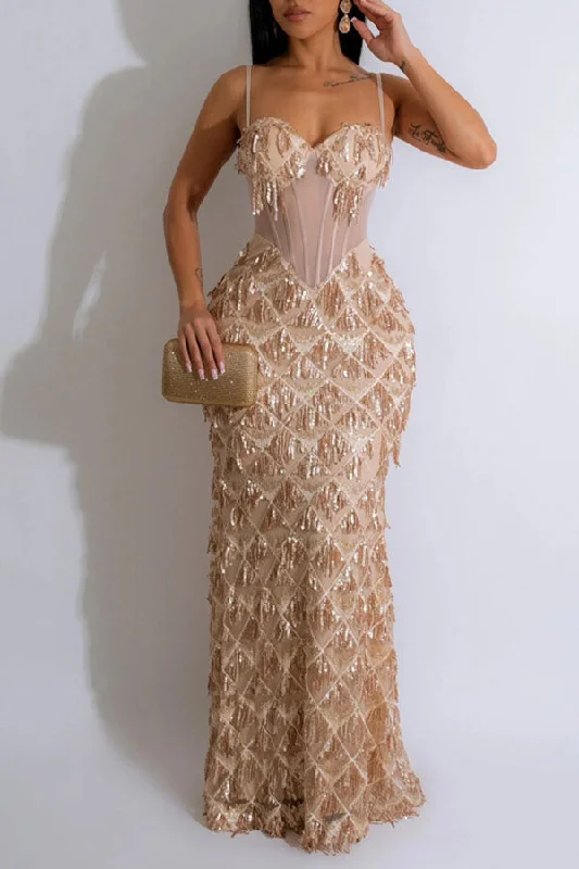 Patchwork Sequined Tassel Sophisticated Maxi Dress Comfortable Cotton Maxi Dress