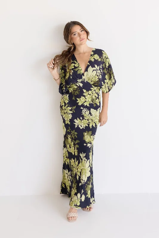 Ryker Kimono Sleeve Floral Print Maxi Dress Black Stylish Empire Waist Maxi Dress