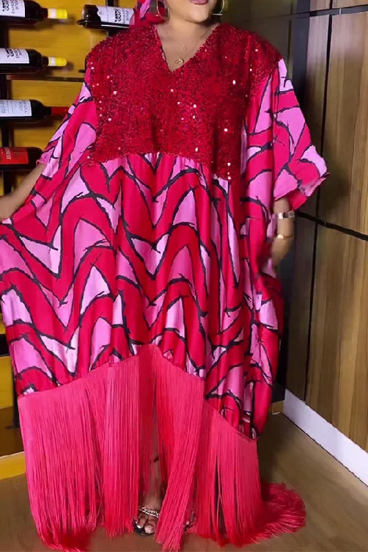 Sequined Patchwork Graphic Print Bohemia Tassel Maxi Dress Fashionable Faux Wrap Maxi Dress Sequined Patchwork Graphic Print Bohemia Tassel Maxi Dress Fashionable Faux Wrap Maxi Dress