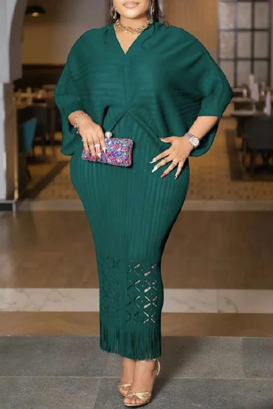 Solid Color Batwing Sleeve On-trend Cutout Tassel Maxi Dress Stylish Maxi Dress with Frills Solid Color Batwing Sleeve On-trend Cutout Tassel Maxi Dress Stylish Maxi Dress with Frills