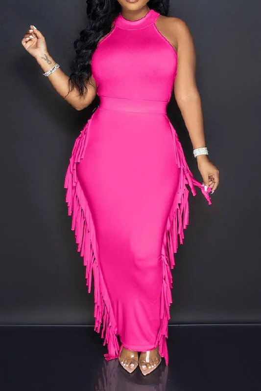 Solid Color Modern Side Tassel Maxi Dress Stylish Pleated A-Line Maxi Dress