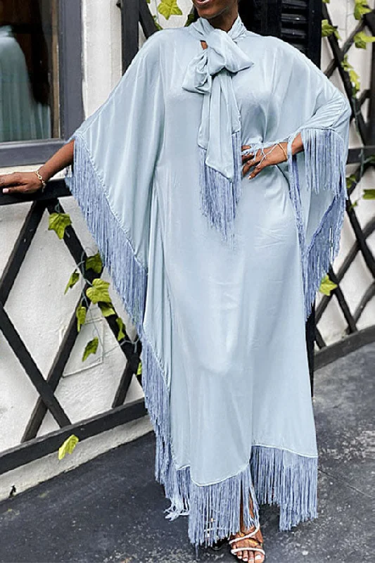 Solid Color Pussy Bow Undeniable Tassel Maxi Dress Stylish Longline Maxi Dress