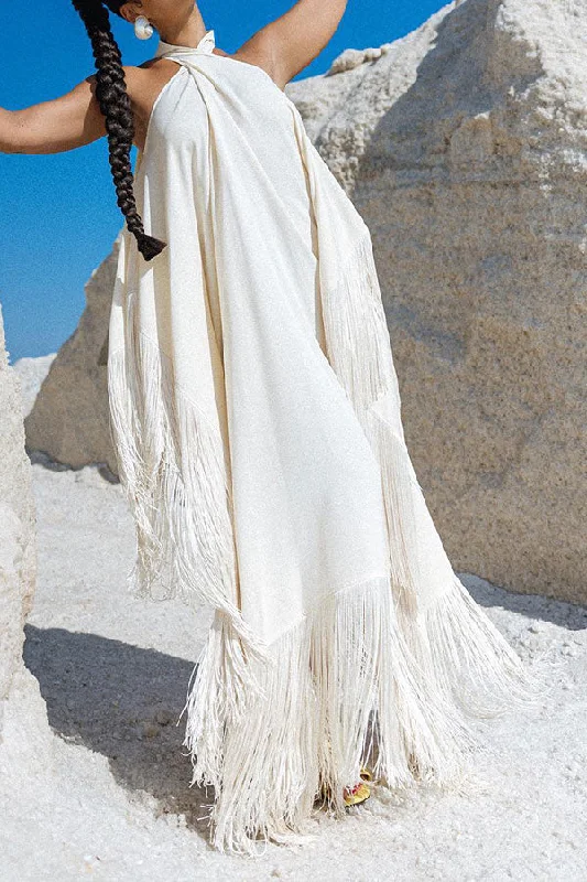 Solid Color Simple Irregular Tassel Hem Maxi Dress Elegant Maxi Dress with Ruffles
