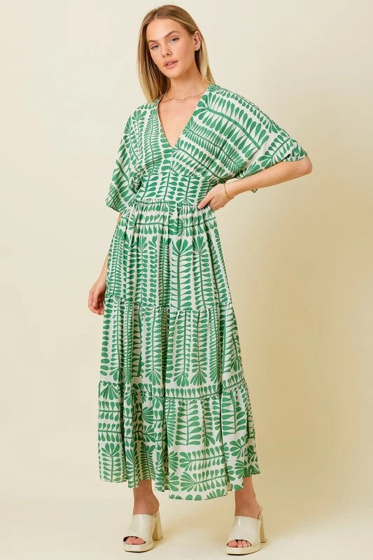 Teresa Short Sleeve Abstract Print Maxi Dress Green Stylish Boho Maxi Dress