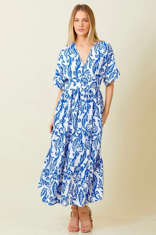 Victoria Short Sleeve Floral Print Maxi Dress Blue Elegant Tiered Maxi Dress
