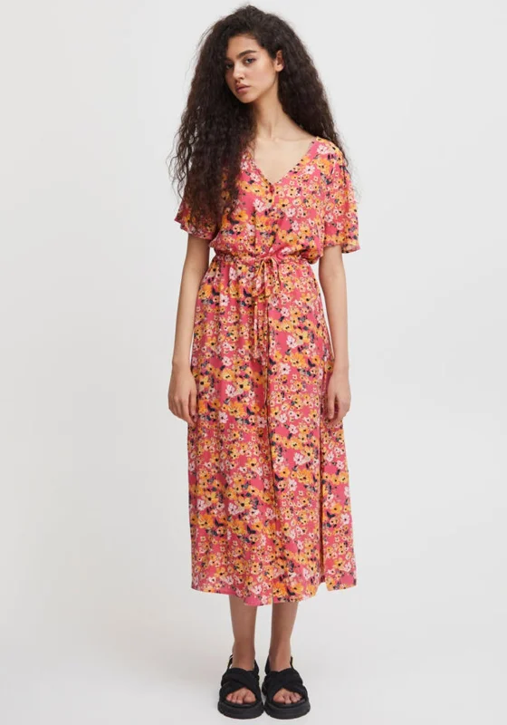Ichi Printed Drawstring Waist Maxi Dress, Pink Multi Fashionable High-Waist Maxi Dress Ichi Printed Drawstring Waist Maxi Dress, Pink Multi Fashionable High-Waist Maxi Dress
