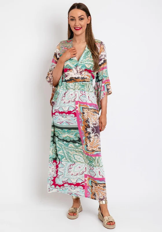 Serafina Collection Satin Damask Print Tie Maxi Dress, Green Multi Elegant Maxi Dress with Drapes Serafina Collection Satin Damask Print Tie Maxi Dress, Green Multi Elegant Maxi Dress with Drapes