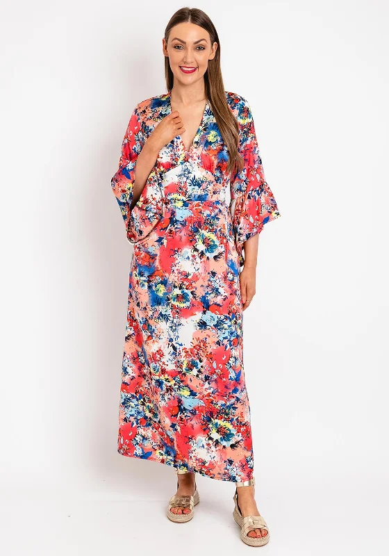 Serafina Collection Satin Floral Print Tie Maxi Dress, Red Pink Elegant Maxi Dress with Belt Serafina Collection Satin Floral Print Tie Maxi Dress, Red Pink Elegant Maxi Dress with Belt