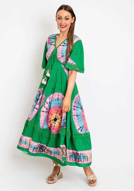 The Serafina Collection Tie Dye Print Maxi Dress, Green Comfortable Maxi Dress with Slits The Serafina Collection Tie Dye Print Maxi Dress, Green Comfortable Maxi Dress with Slits