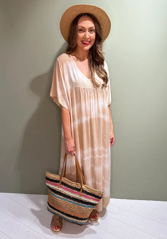 Serafina Collection One Size Tie Dye Maxi Dress, Beige Stylish Empire Waist Maxi Dress Serafina Collection One Size Tie Dye Maxi Dress, Beige Stylish Empire Waist Maxi Dress