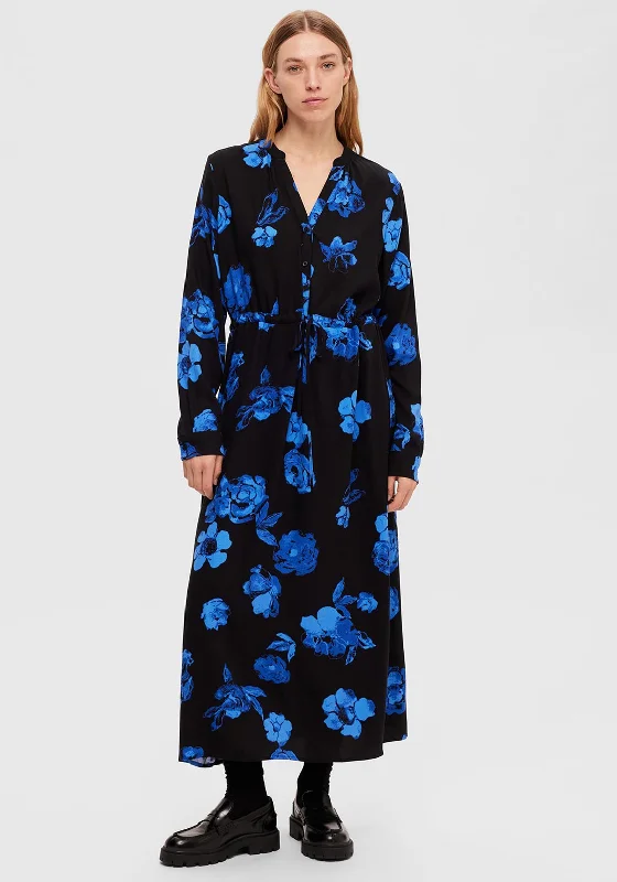 Selected Femme Katrina Floral Print Maxi Dress, Blue & Black Elegant Maxi Dress with Ruffles Selected Femme Katrina Floral Print Maxi Dress, Blue & Black Elegant Maxi Dress with Ruffles