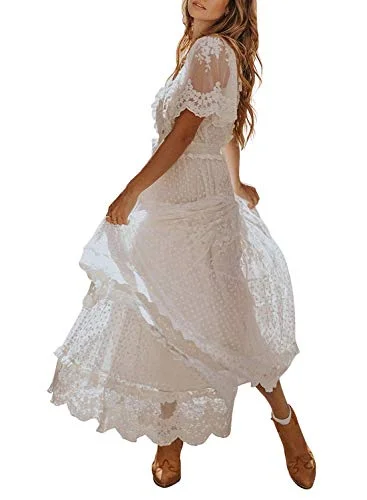 Women's V Neck Button Down Floral Lace Maxi Dress Casual Short Stylish Maxi Dress with Frills Women's V Neck Button Down Floral Lace Maxi Dress Casual Short Stylish Maxi Dress with Frills