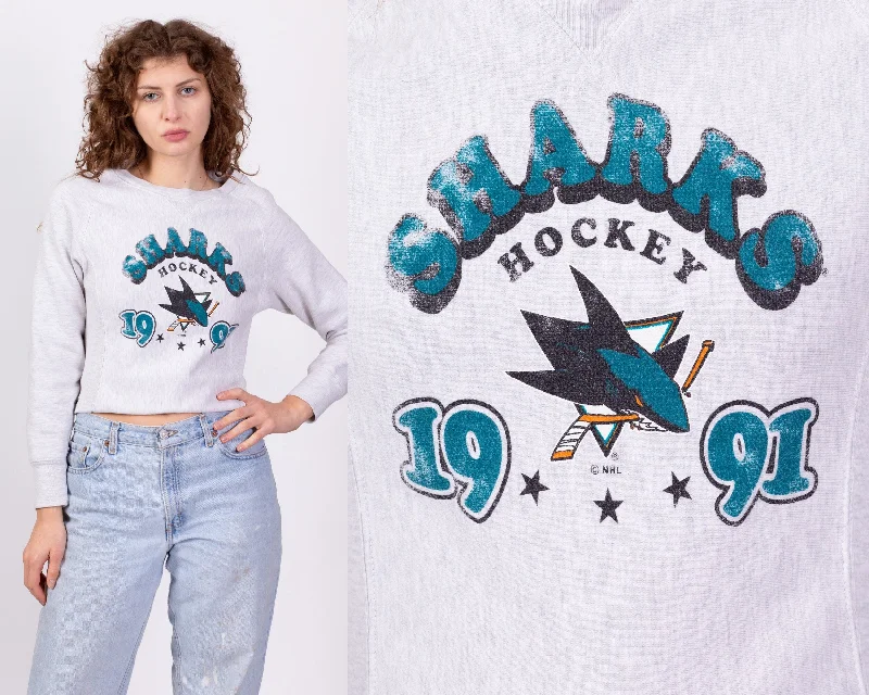 90s San Jose Sharks NHL Sweatshirt - Extra Small Hoodie with Slit Hem Functional Movement 90s San Jose Sharks NHL Sweatshirt - Extra Small Hoodie with Slit Hem Functional Movement