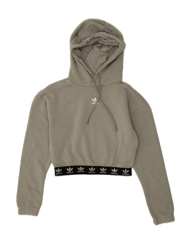 ADIDAS Womens Graphic Crop Hoodie Jumper UK 10 Small Grey Cotton Hoodie with Set-In Sleeves Structured Classic ADIDAS Womens Graphic Crop Hoodie Jumper UK 10 Small Grey Cotton Hoodie with Set-In Sleeves Structured Classic